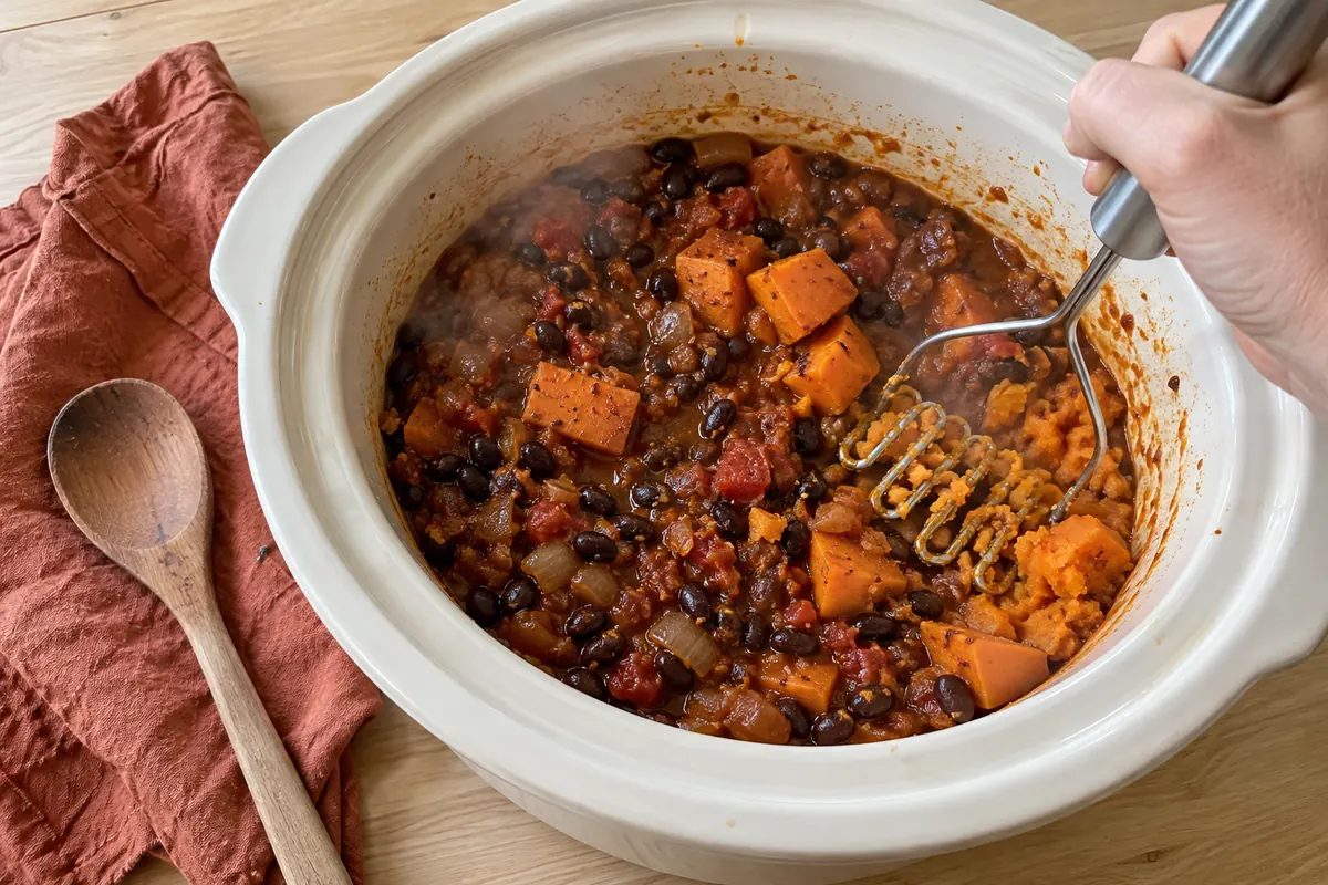 Mashing a few sweet potato cubes in the slow cooker to thicken sweet potato and black bean chili