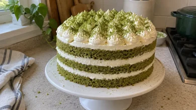 Whole matcha layer cake on a cake stand with naked green and white layers and matcha-dusted whipped cream kisses