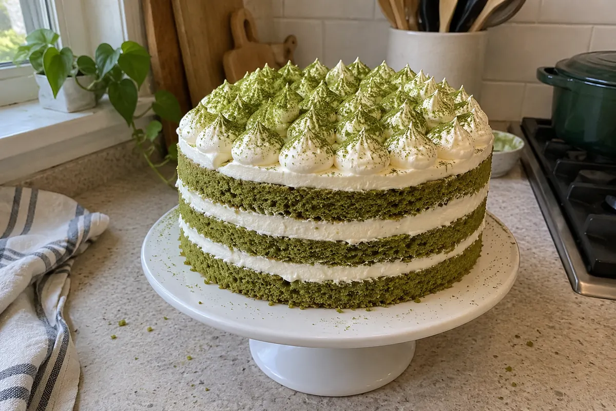 Whole matcha layer cake on a cake stand with naked green and white layers and matcha-dusted whipped cream kisses