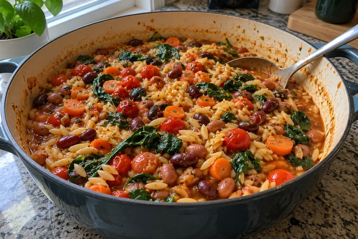 One-pot Mediterranean orzo and beans in a wide pan with a spoon on a home kitchen counter