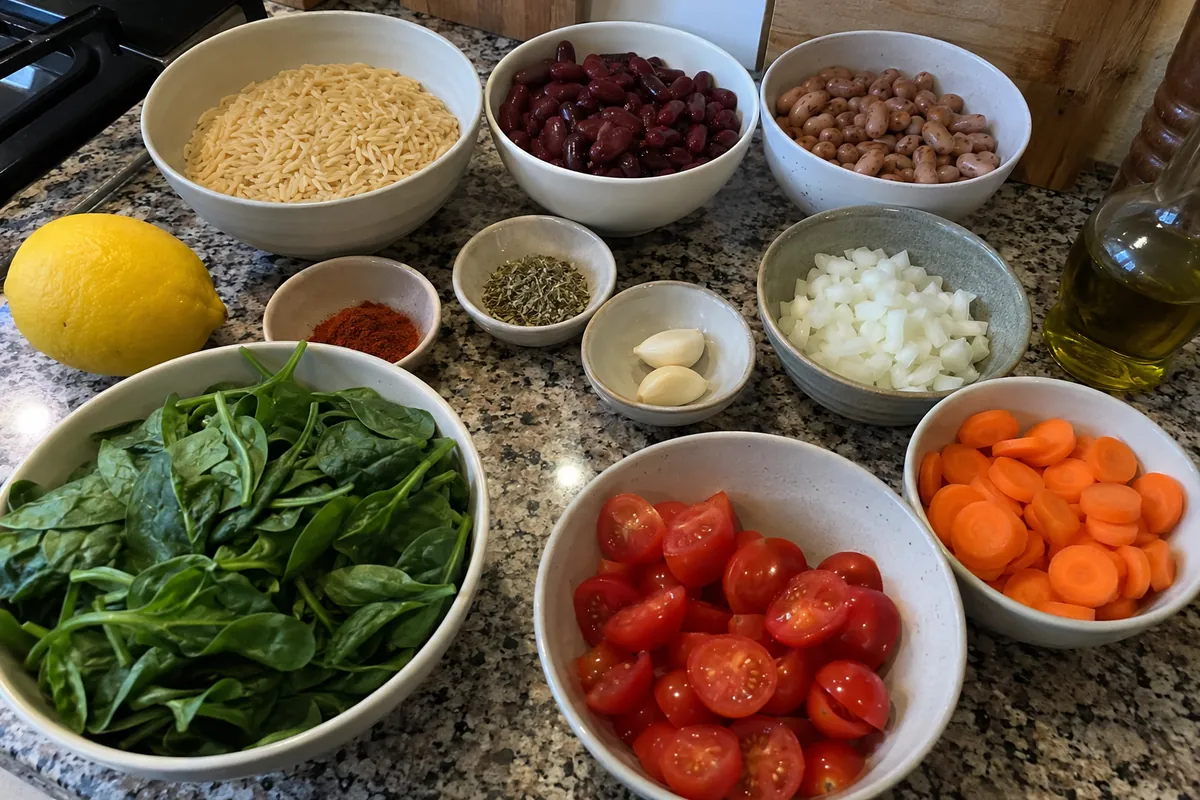Ingredients for Mediterranean orzo and beans in plain unlabeled bowls: orzo, beans, carrots, cherry tomatoes, spinach, onion, garlic and spices