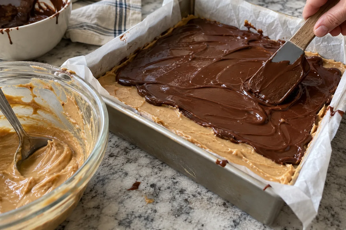 Spatula spreading melted chocolate over the peanut butter layer in a parchment-lined pan beside a glass bowl of melted peanut butter