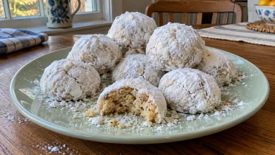 A pile of mexican wedding cookies coated in powdered sugar on a mint-green plate, one cookie bitten to show the crumbly almond inside