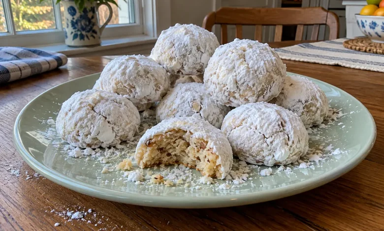 A pile of mexican wedding cookies coated in powdered sugar on a mint-green plate, one cookie bitten to show the crumbly almond inside