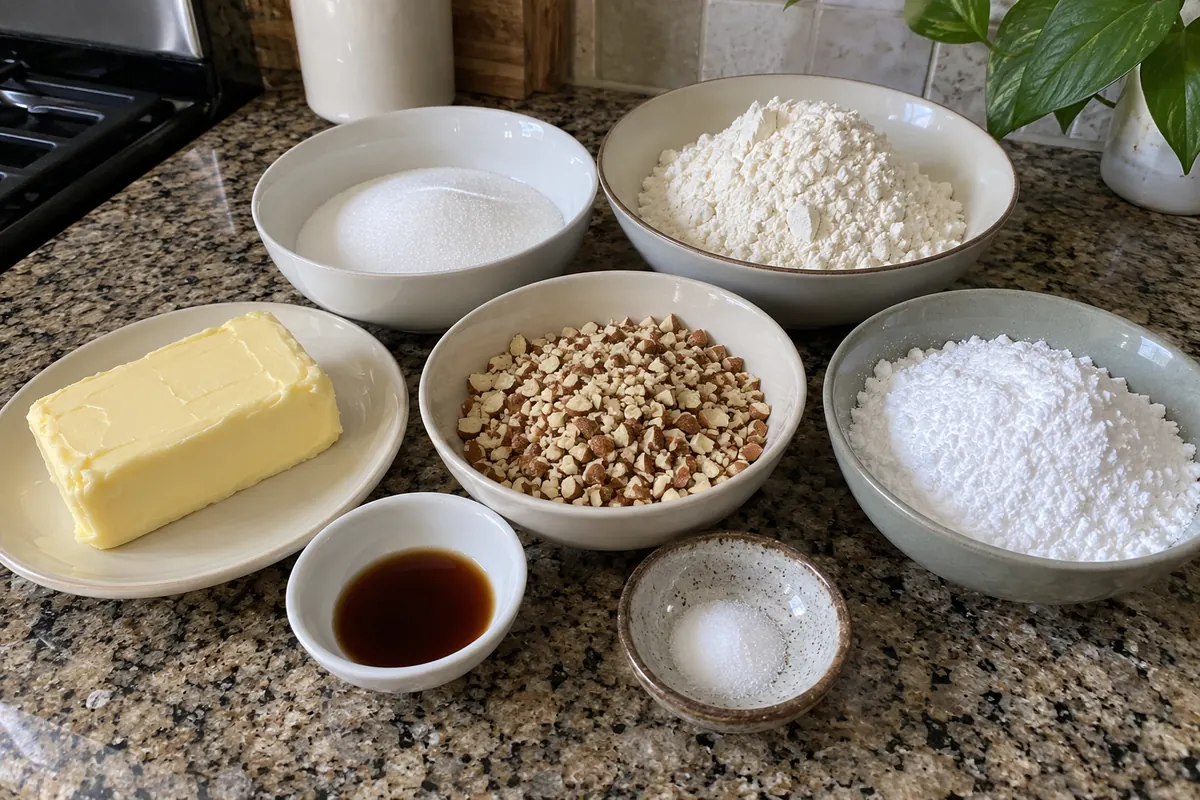 Ingredients for mexican wedding cookies: softened butter, white sugar, flour, finely chopped almonds, vanilla, powdered sugar and salt