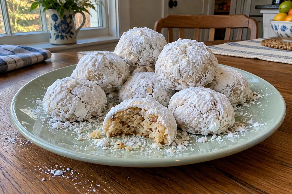 A pile of mexican wedding cookies coated in powdered sugar on a mint-green plate, one cookie bitten to show the crumbly almond inside