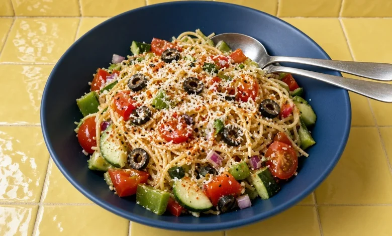 Million dollar spaghetti salad with cherry tomatoes, cucumber, peppers and black olives in a navy bowl