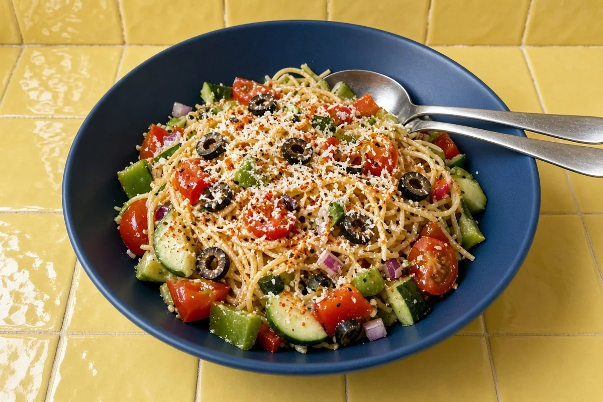 Million dollar spaghetti salad with cherry tomatoes, cucumber, peppers and black olives in a navy bowl