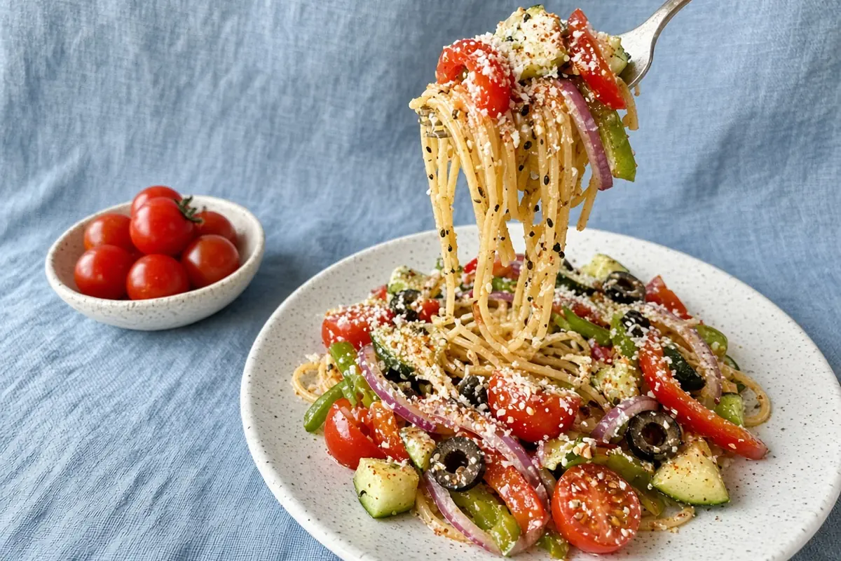 Forkful of million dollar spaghetti salad with Parmesan and sesame seeds over a plate of pasta salad