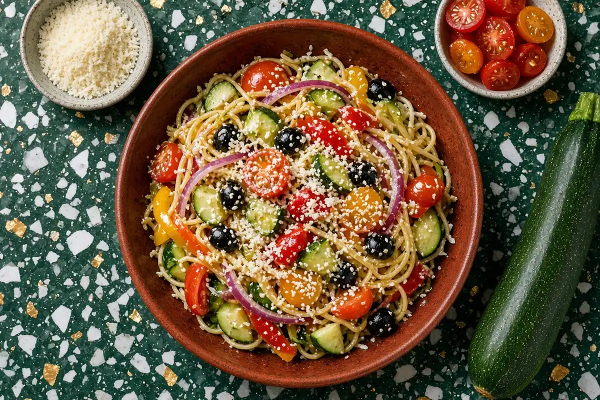 Overhead view of spaghetti salad with tomatoes, zucchini, red onion and olives in a terracotta bowl