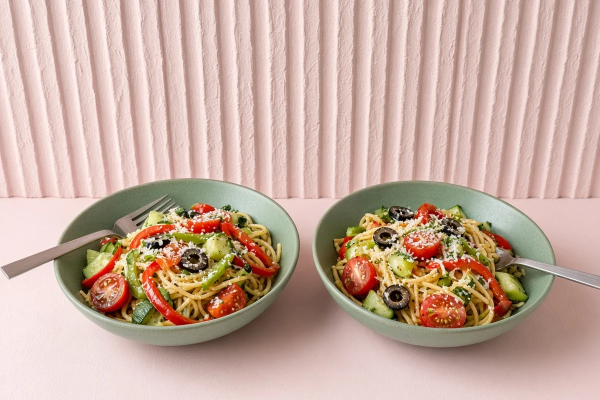 Two bowls of Italian spaghetti salad with cherry tomatoes, cucumber and bell peppers