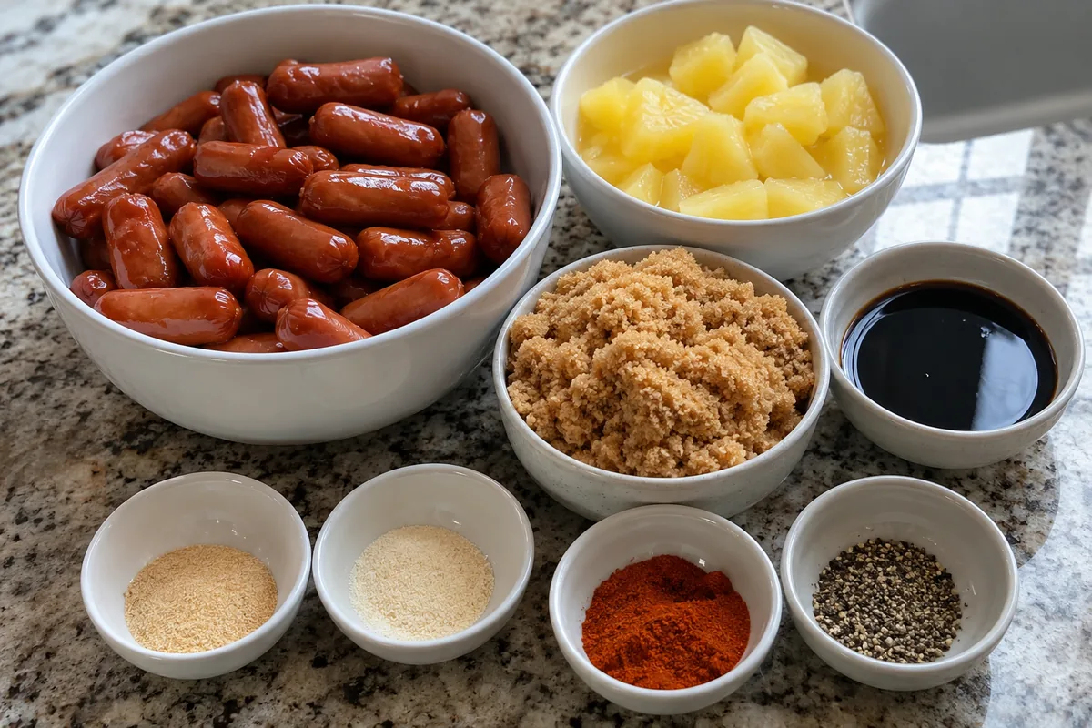 Ingredients for pineapple brown sugar little smokies on a counter: mini smoked sausages, pineapple chunks, brown sugar, soy sauce and spices