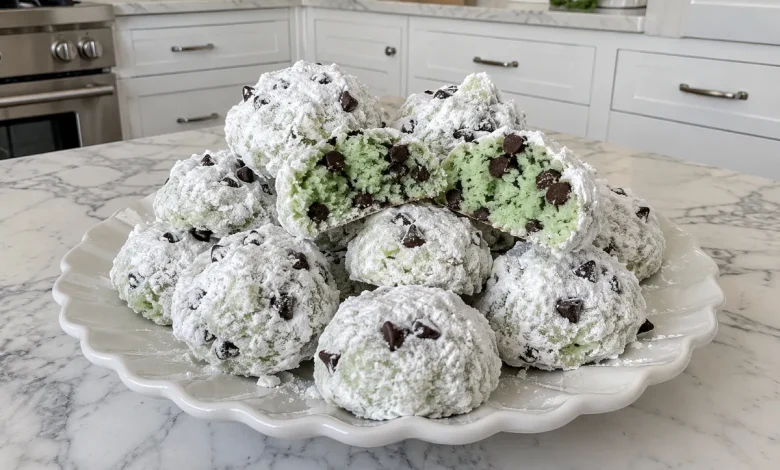 Mint chocolate chip snowball cookies coated in powdered sugar on a white plate, one broken open