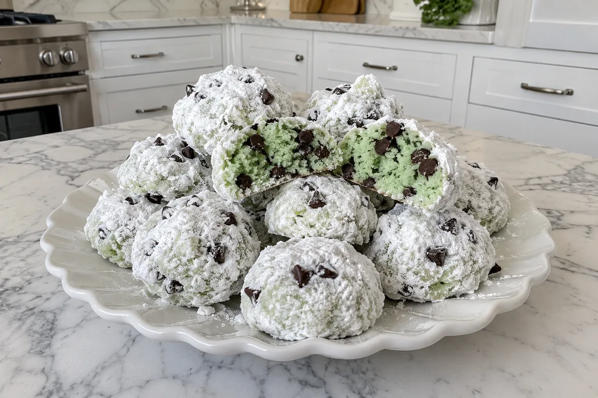 Mint chocolate chip snowball cookies coated in powdered sugar on a white plate, one broken open