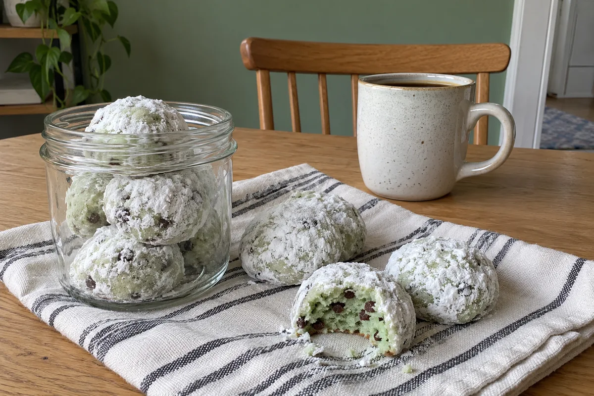 Mint chocolate chip snowball cookies in a glass jar and on a striped napkin with coffee