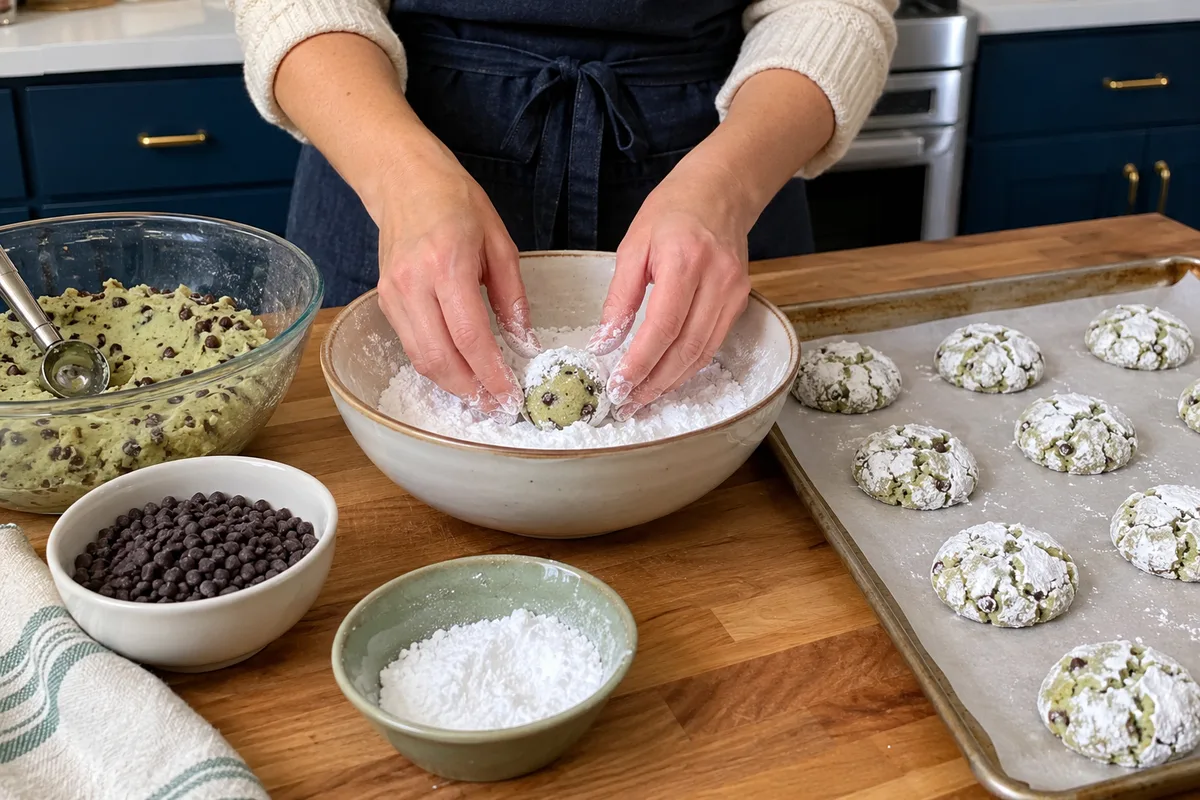 Rolling warm mint chocolate chip cookies in powdered sugar next to a baking sheet