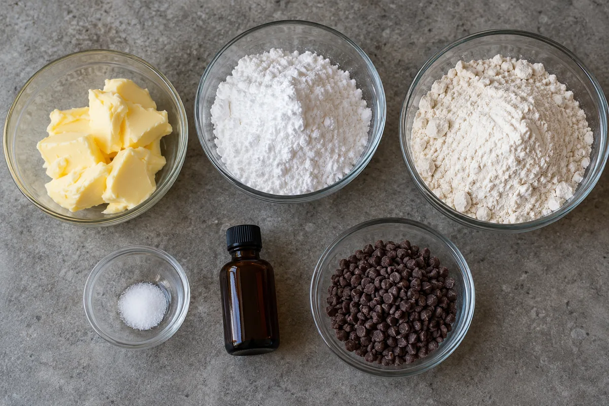 Ingredients for mint chocolate chip snowball cookies in glass bowls