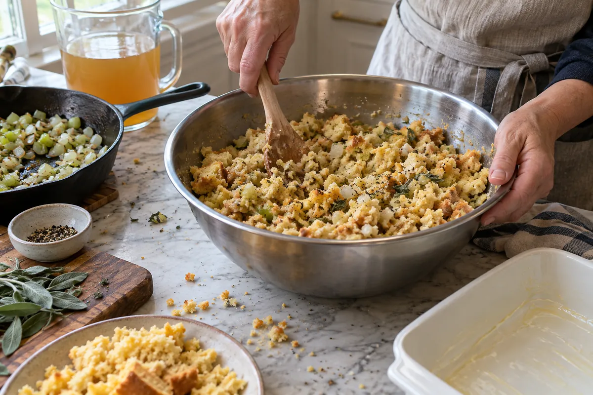 Crumbled cornbread mixed with celery, onion and broth in a large bowl for old fashioned cornbread dressing