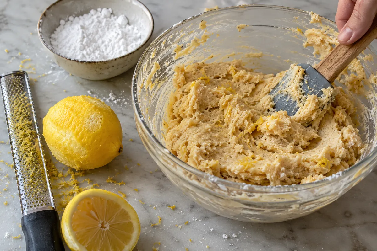 Mixing almond cookie dough with fresh lemon zest in a glass bowl using a spatula