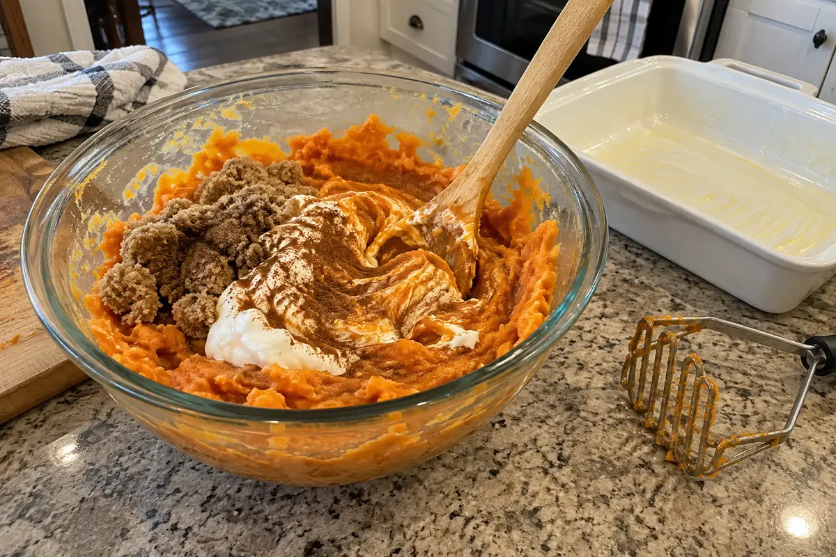 Stirring mashed sweet potato and pumpkin with sour cream, brown sugar and cinnamon in a glass bowl with a wooden spoon