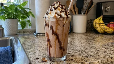 Tall glass of mocha frappe with chocolate and caramel drizzle inside the glass, topped with whipped cream and chocolate sauce