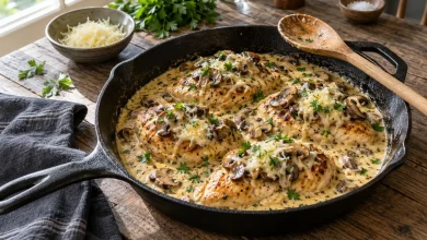 Savory mushroom Asiago chicken with sauteed mushrooms and parsley in a creamy sauce in a black cast-iron skillet