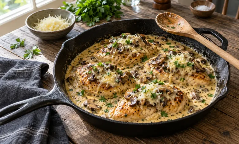 Savory mushroom Asiago chicken with sauteed mushrooms and parsley in a creamy sauce in a black cast-iron skillet