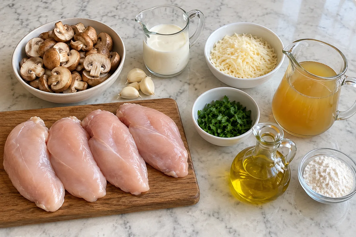Ingredients for mushroom Asiago chicken: chicken breasts, cremini mushrooms, garlic, heavy cream, Asiago cheese, chicken broth and parsley