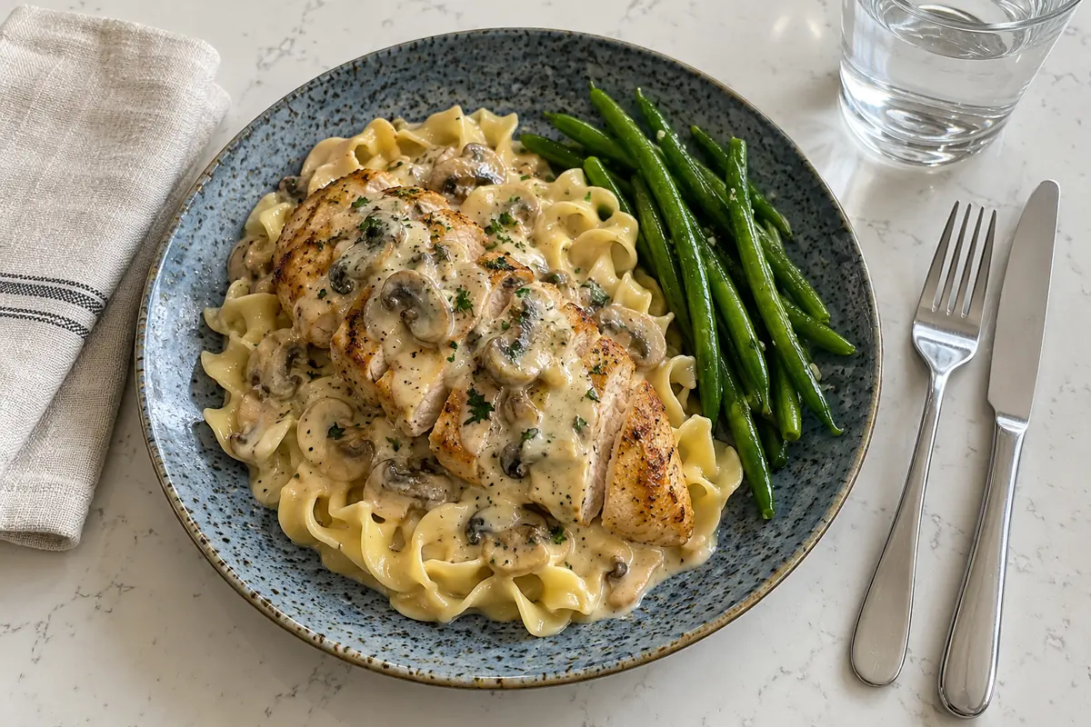 Plated mushroom Asiago chicken with creamy sauce over egg noodles and green beans