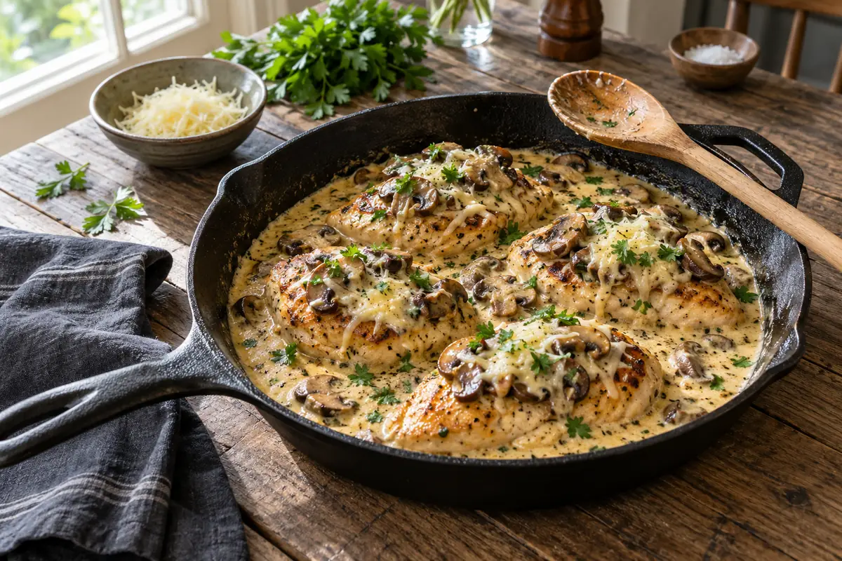 Savory mushroom Asiago chicken with sauteed mushrooms and parsley in a creamy sauce in a black cast-iron skillet