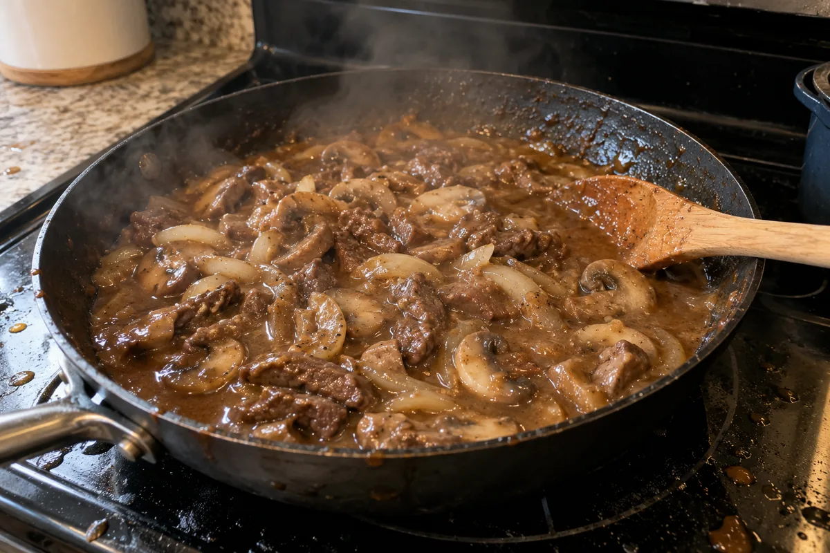 Mushrooms and onions simmering in beef gravy in a skillet