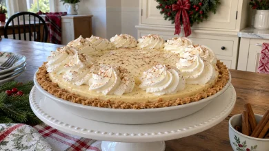 Whole no-bake eggnog pie with whipped topping and nutmeg on a cake stand in a festive kitchen