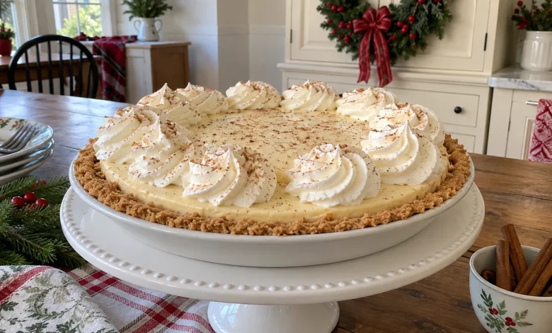 Whole no-bake eggnog pie with whipped topping and nutmeg on a cake stand in a festive kitchen
