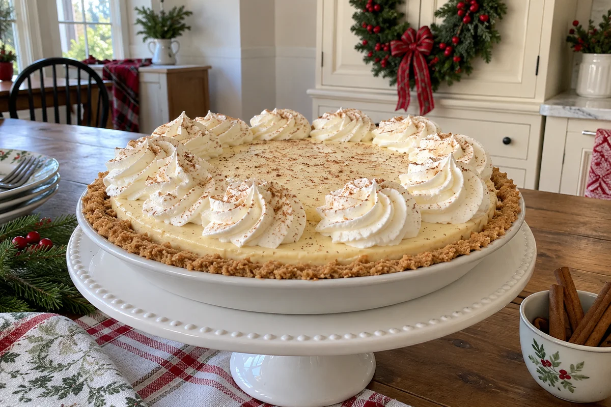 Whole no-bake eggnog pie with whipped topping and nutmeg on a cake stand in a festive kitchen