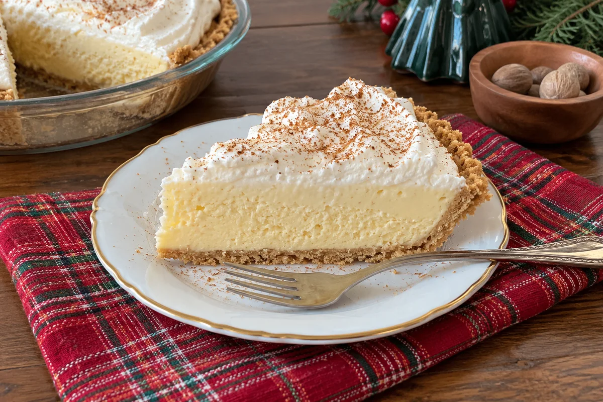 Slice of no-bake eggnog pie on a small plate showing the creamy filling and graham cracker crust