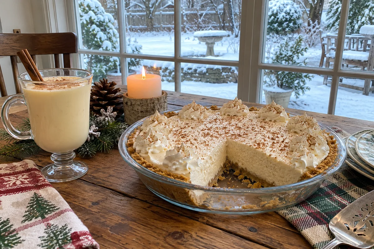 No-bake eggnog pie with a slice removed on a wooden table with a glass of eggnog