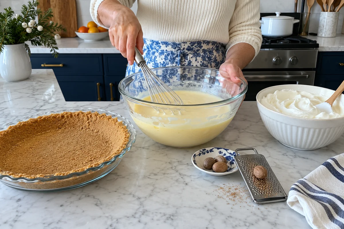 Whisking eggnog and vanilla pudding mix in a glass bowl beside a graham cracker crust