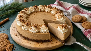 No bake gingerbread cheesecake with whipped cream swirls and gingersnap crumbs on a cake board