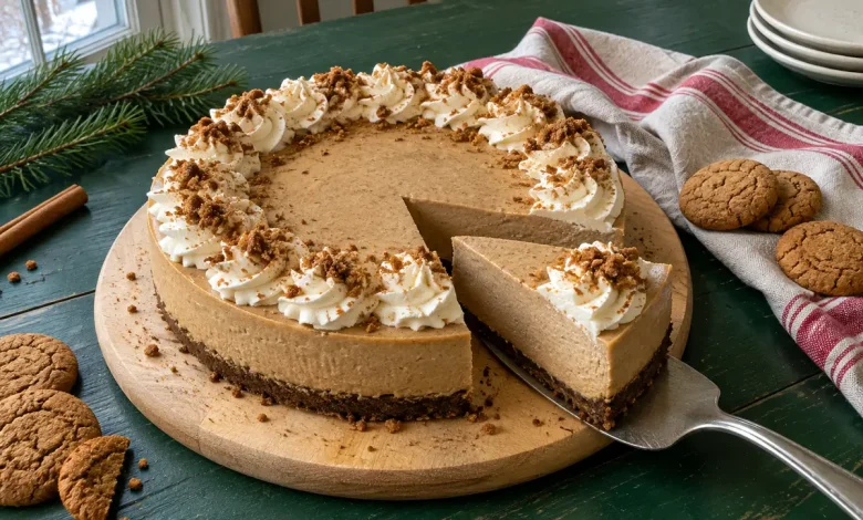 No bake gingerbread cheesecake with whipped cream swirls and gingersnap crumbs on a cake board