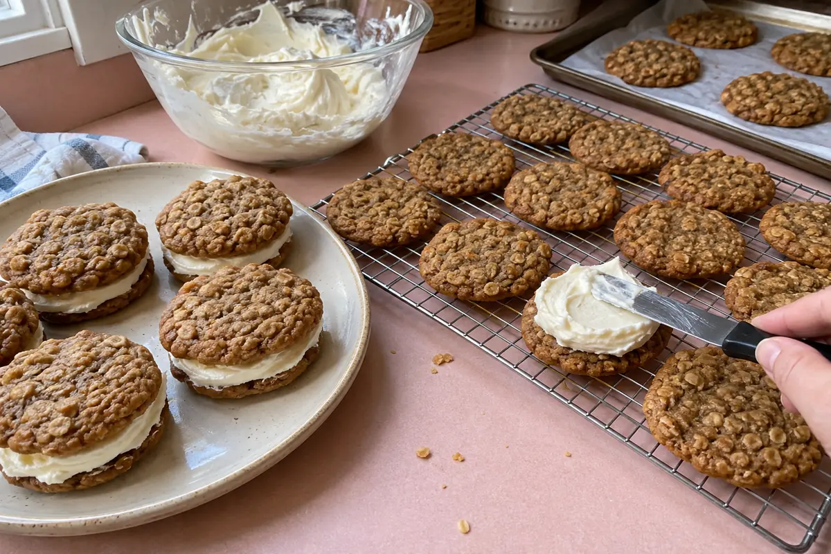 Spreading vanilla buttercream filling onto soft oatmeal cookies to assemble oatmeal cream pies