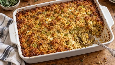 Old fashioned cornbread dressing in a white rectangular baking dish with a golden top and a scoop taken out