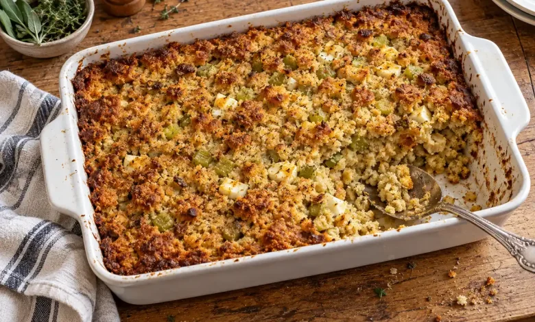 Old fashioned cornbread dressing in a white rectangular baking dish with a golden top and a scoop taken out