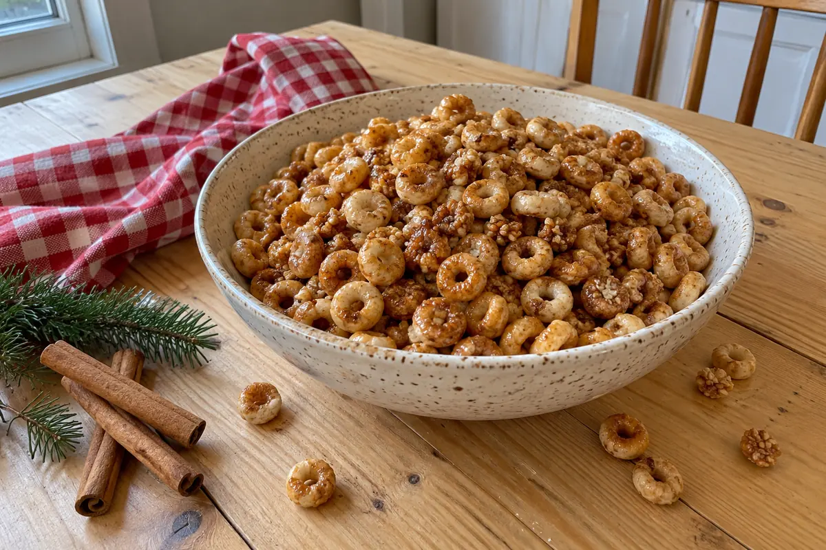 Old fashioned hot buttered cereal with cinnamon sugar coating in a bowl for a Christmas snack