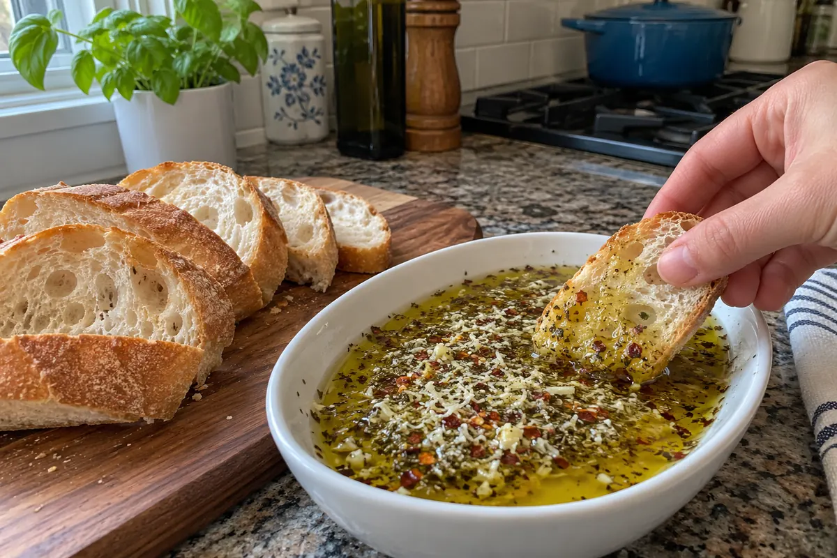 Hand dipping a slice of warm crusty bread into herb olive oil dip