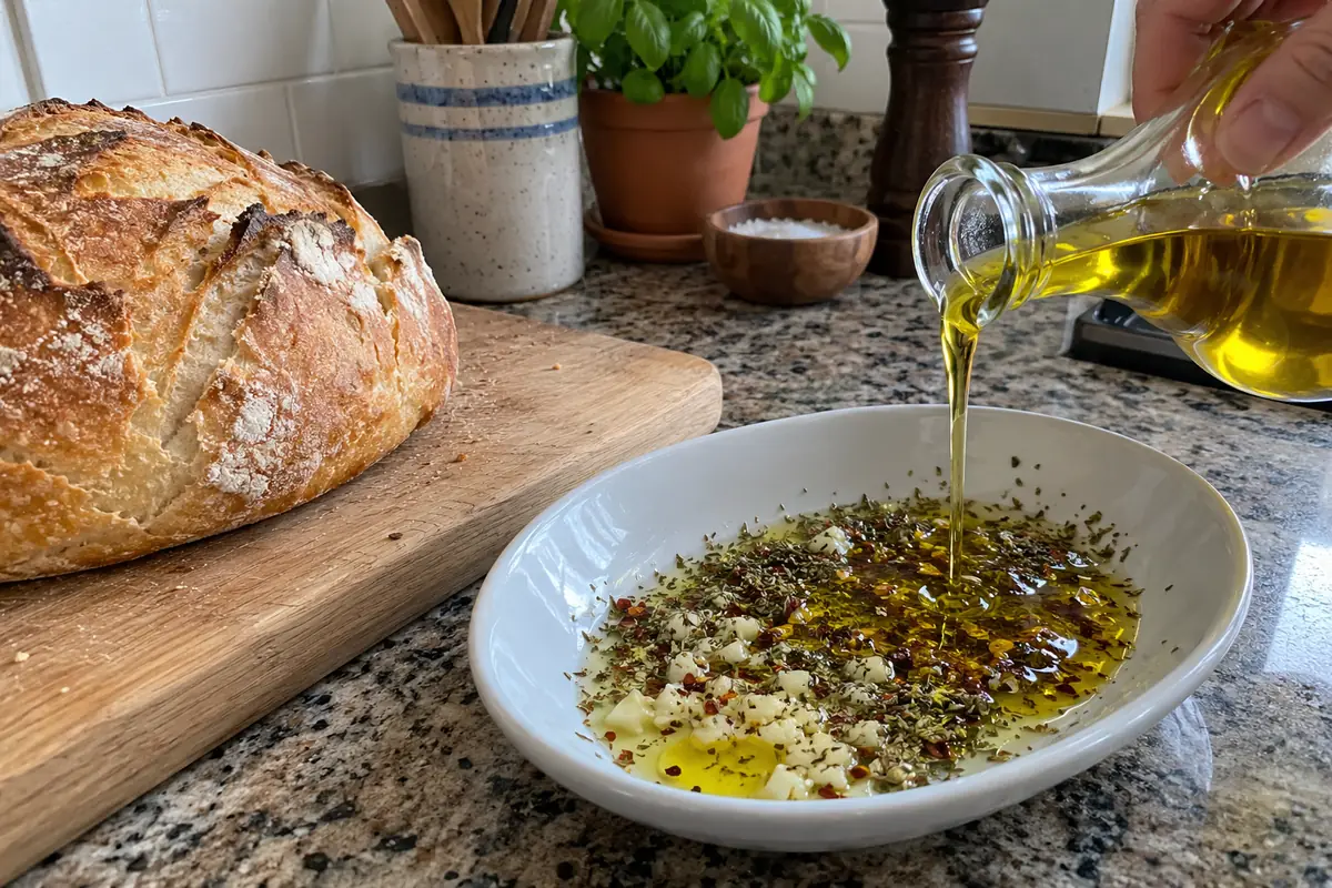 Pouring extra virgin olive oil over herbs and garlic in a white dish