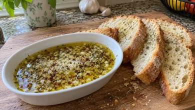 White oval dish of olive oil dip with herbs, garlic, chili flakes and parmesan beside sliced crusty bread on a wooden board