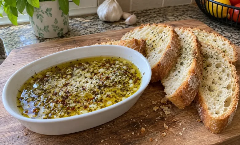 White oval dish of olive oil dip with herbs, garlic, chili flakes and parmesan beside sliced crusty bread on a wooden board