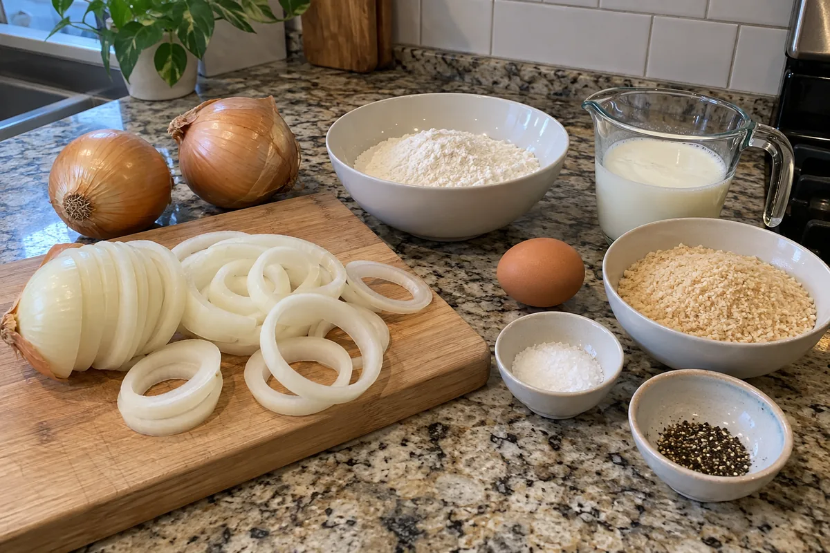 Ingredients for homemade onion rings: whole and sliced yellow onions, flour, buttermilk, an egg, breadcrumbs, salt and pepper