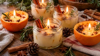 Small glass jar candles and orange-half candles with cinnamon sticks, tiny pinecones, rosemary sprigs and star anise on a rustic wooden table