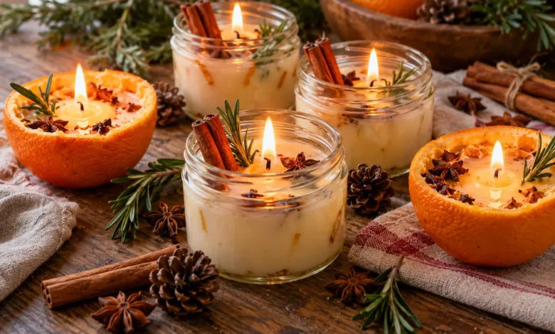 Small glass jar candles and orange-half candles with cinnamon sticks, tiny pinecones, rosemary sprigs and star anise on a rustic wooden table